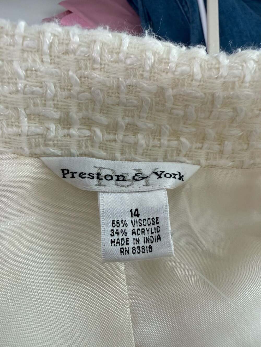 Preston & York Women's Cream Boucle Tweed Fringe Trim Open Front Jacket Size 14 - Picture 3 of 3